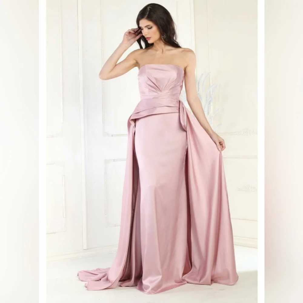 Fitted strapless pink,red,hunter long satin gown with zipper - Picture 1 of 7
